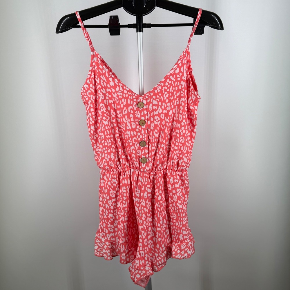 Pink Lily Coral White Animal Print Ruffle Hem Romper Sleeveless V-Neck S